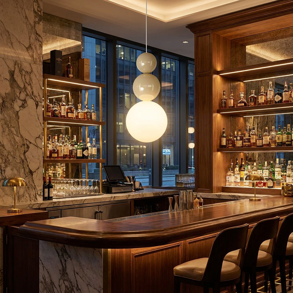Trilla three ball acrylic pendant light over a bar counter in a restaurant