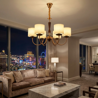 Halvard multi arm chandelier in a hotel suite sitting area