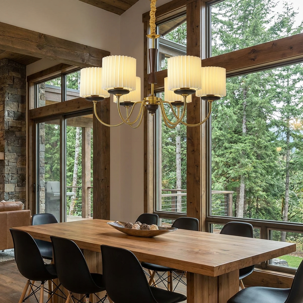 Halvard multi arm chandelier over a dining table in a Pacific Northwest home