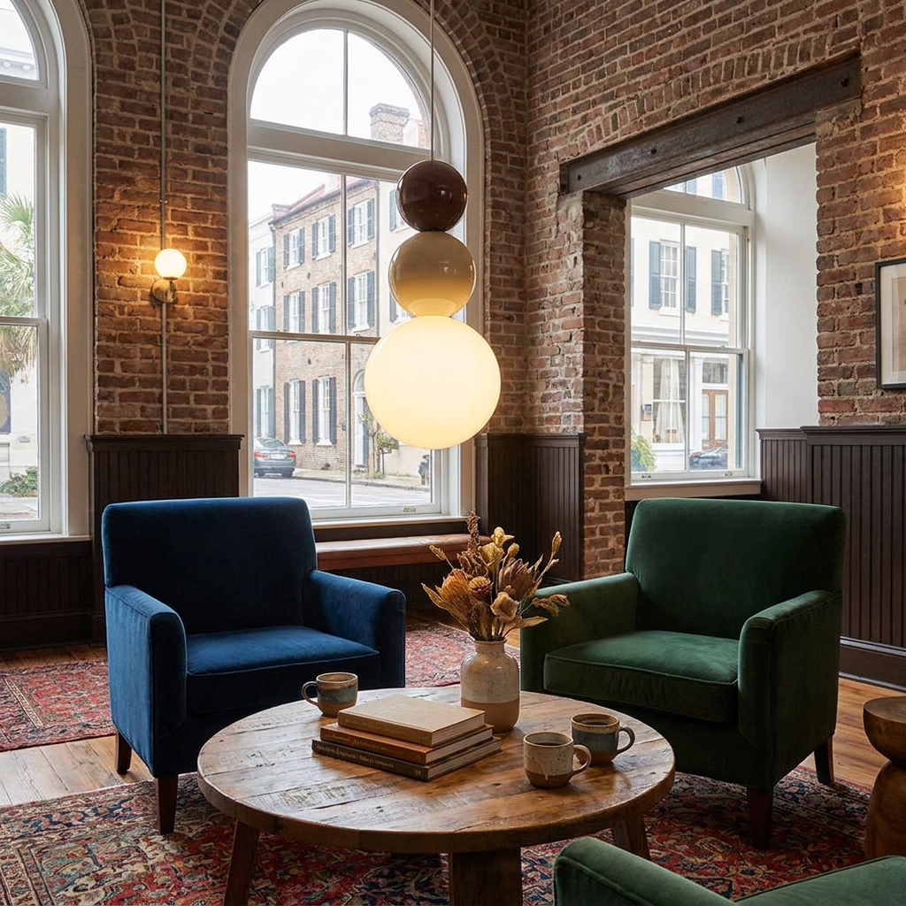 Trilla three ball acrylic pendant light in a hotel lobby lounge