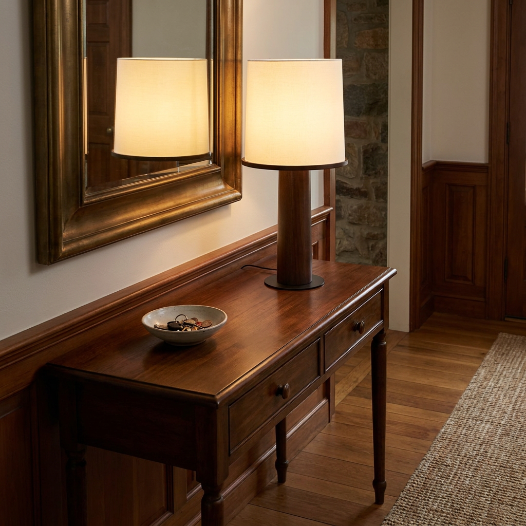 Tamsen table lamp on a console table in an entryway