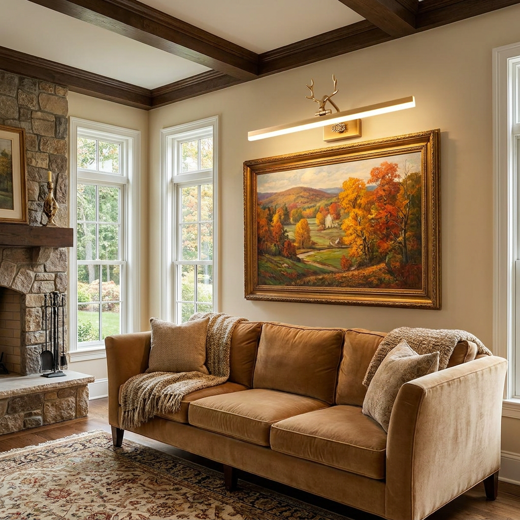 Cervo gold linear LED wall lamp above a painting in a living room