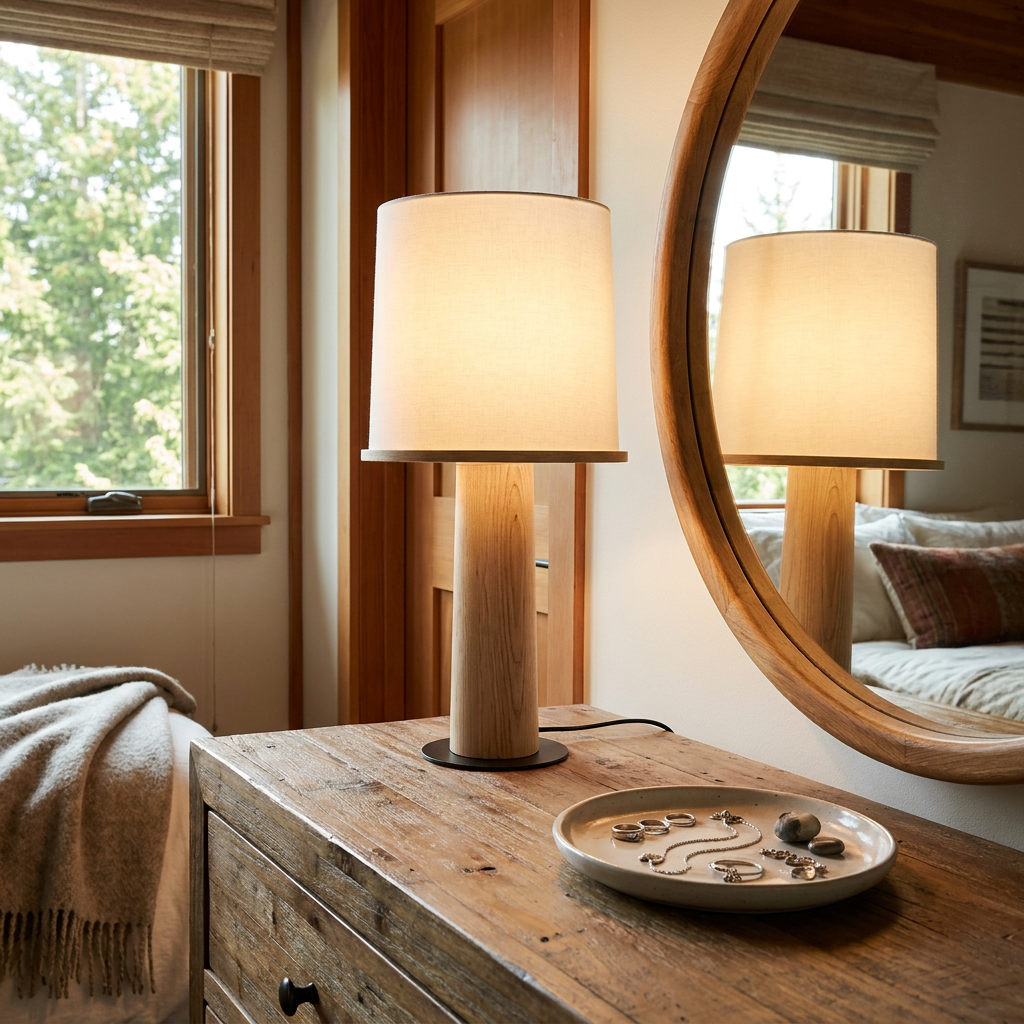 Tamsen table lamp on a dresser in a bedroom