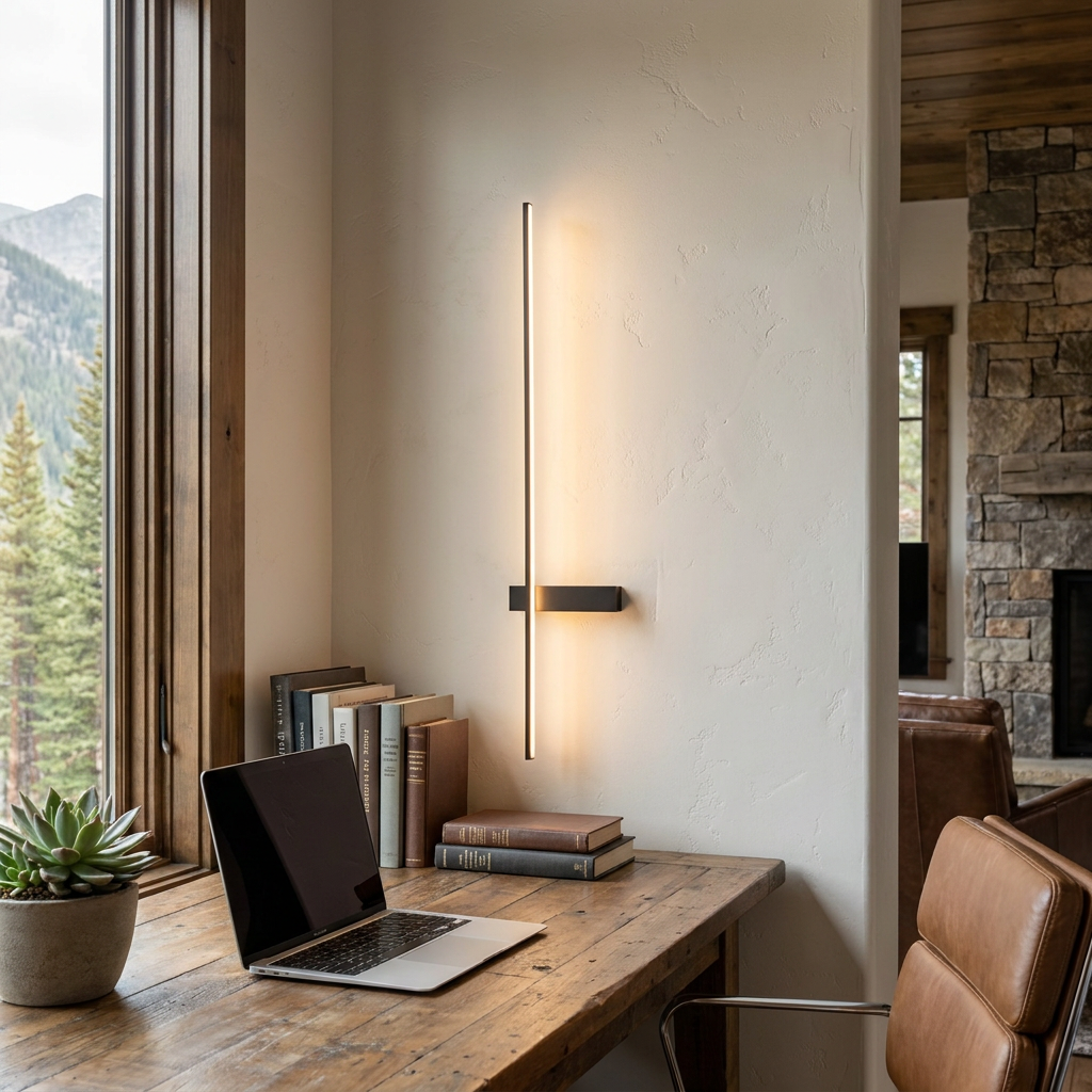 Stelo slim vertical black linear LED wall sconce in a home office