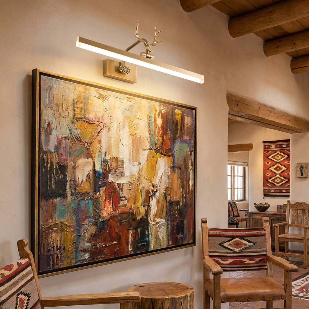 Cervo gold linear LED wall lamp above artwork in a hotel lobby