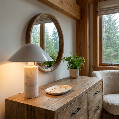 Pietra table lamp on a dresser in a bedroom