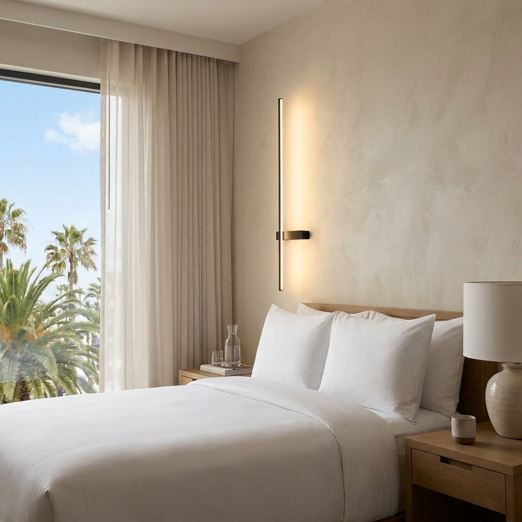 Stelo slim vertical black linear LED wall sconce in a hotel guest room