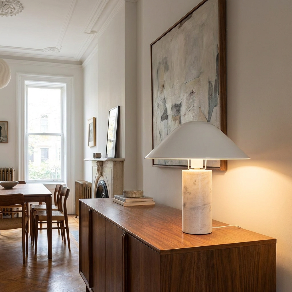 Pietra table lamp on a sideboard in a dining room