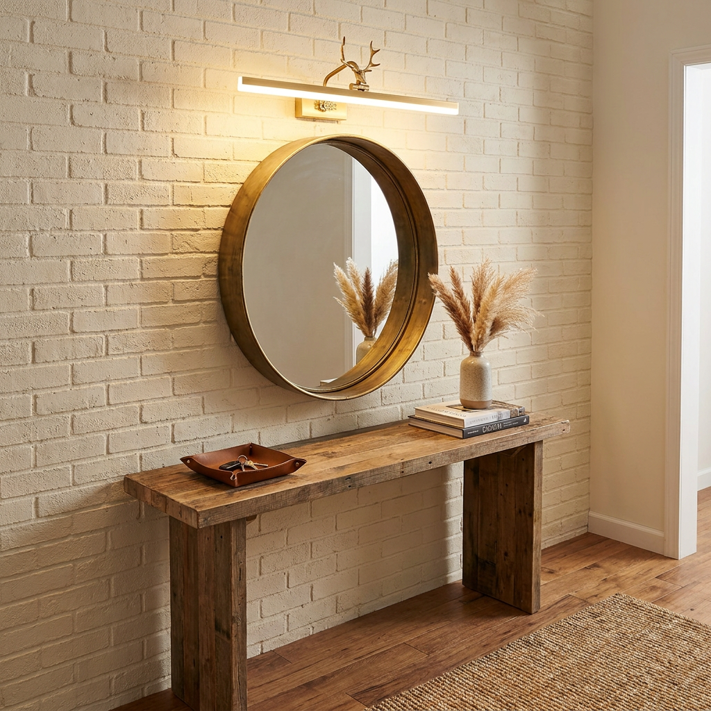 Cervo gold linear LED wall lamp above an entryway mirror