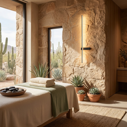 Stelo slim vertical black linear LED wall sconce in a spa treatment room