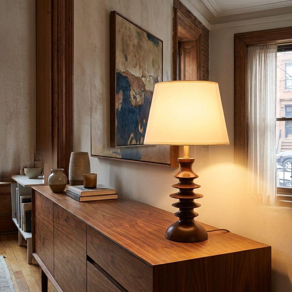 Wendell table lamp on a sideboard in a dining room
