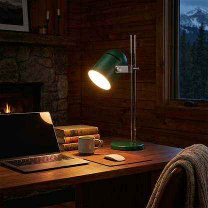Tilden retro desk lamp on a home office desk at night