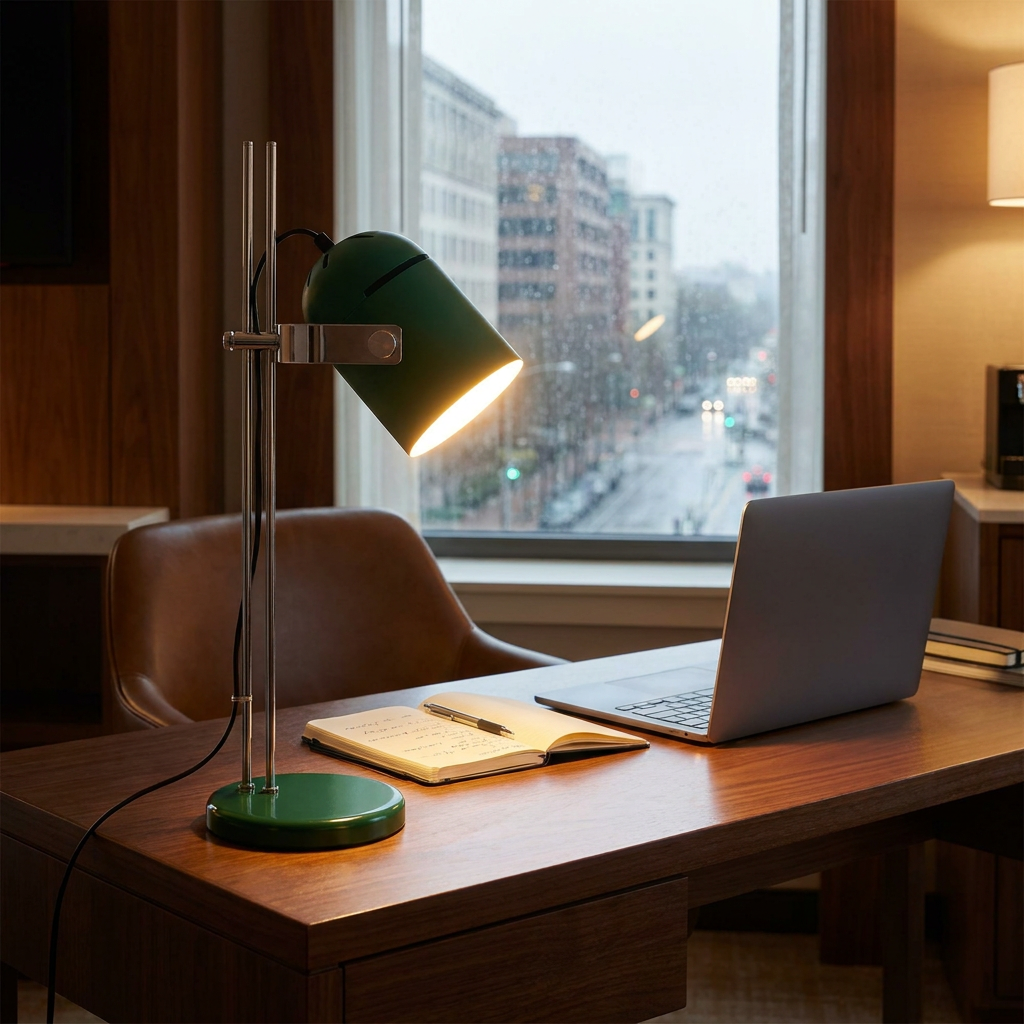 Tilden retro desk lamp on a hotel room desk