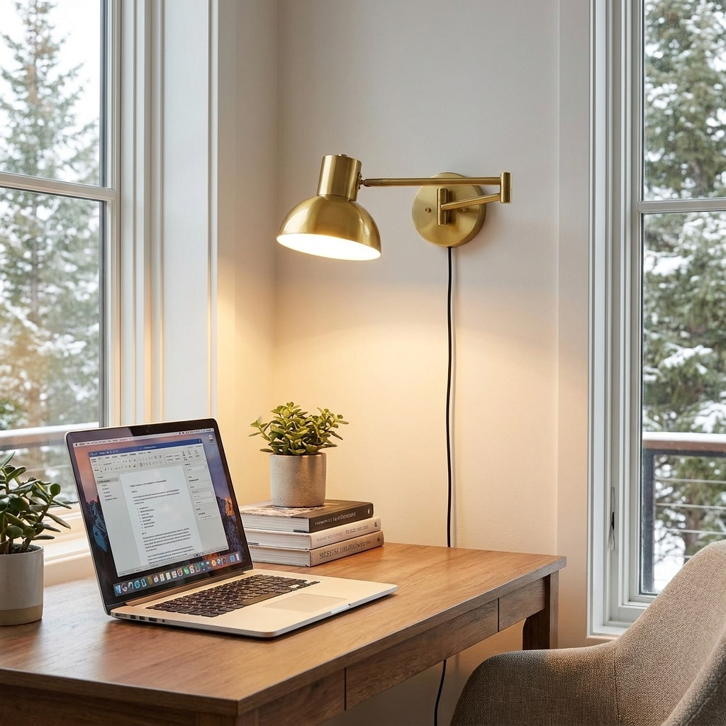 Swivo plug in swing arm wall lamp in brushed gold in a home office