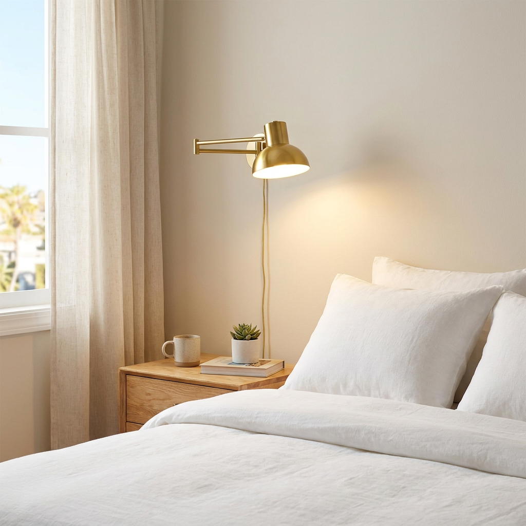 Swivo plug in swing arm wall lamp in brushed gold in a hotel guest room