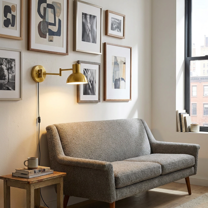 Swivo plug in swing arm wall lamp in brushed gold in a Manhattan apartment living room