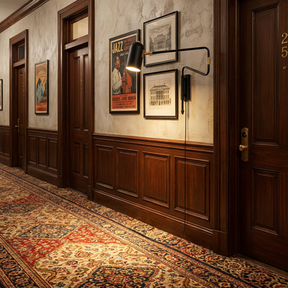 Swivo plug in swing arm wall lamp in black and gold in a boutique hotel corridor