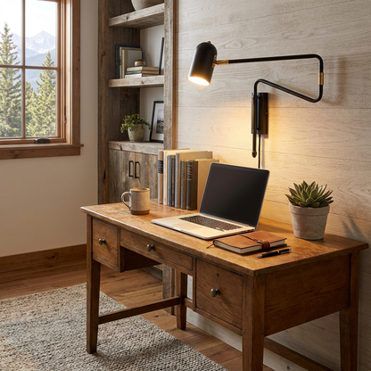 Arley hardwired swing arm reading wall lamp in black and gold in a home office