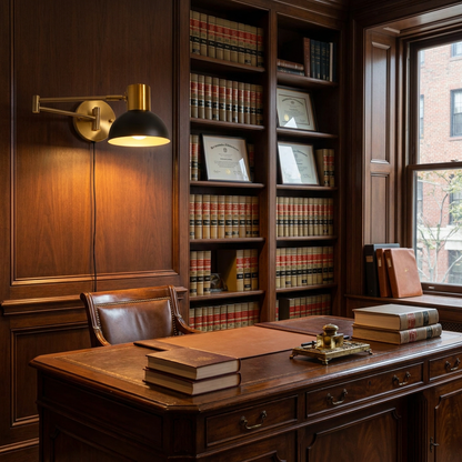 Swivo plug in swing arm wall lamp in a law office