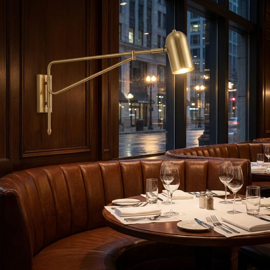 Arley hardwired swing arm reading wall lamp in brushed gold in a restaurant dining room