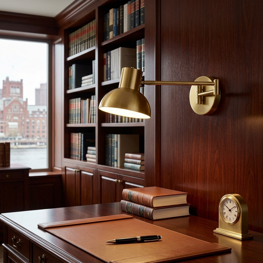 Arley hardwired swing arm reading wall lamp in brushed gold in a law office
