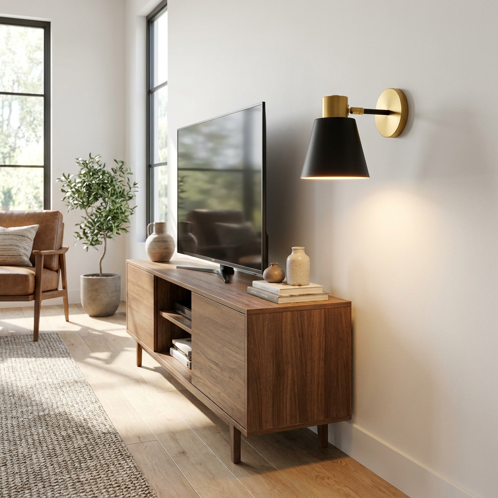 Kestin adjustable wall lamp in a modern Austin living room