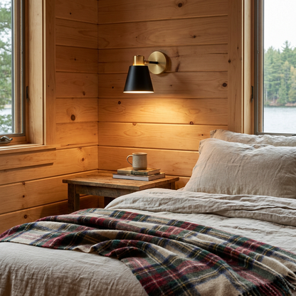 Kestin adjustable wall lamp in a guest bedroom of a lake house