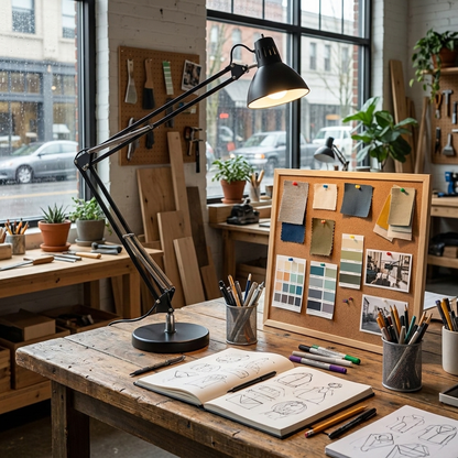 Ostin black metal LED office task lamp on a craft table
