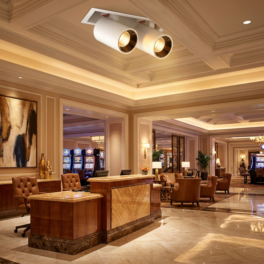 Cielo double head white adjustable recessed LED spotlight in a hotel lobby ceiling