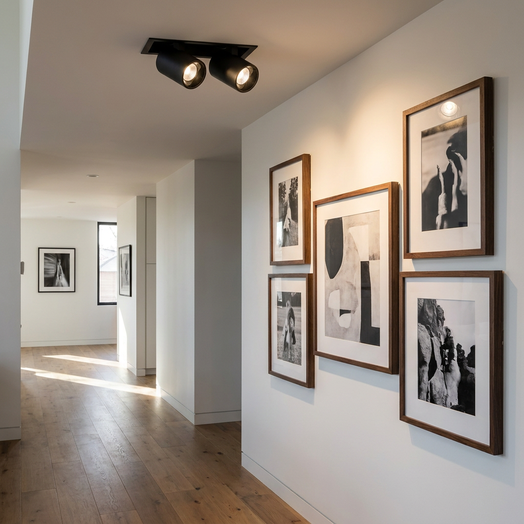 Cielo double head black adjustable recessed LED spotlight in a hallway ceiling