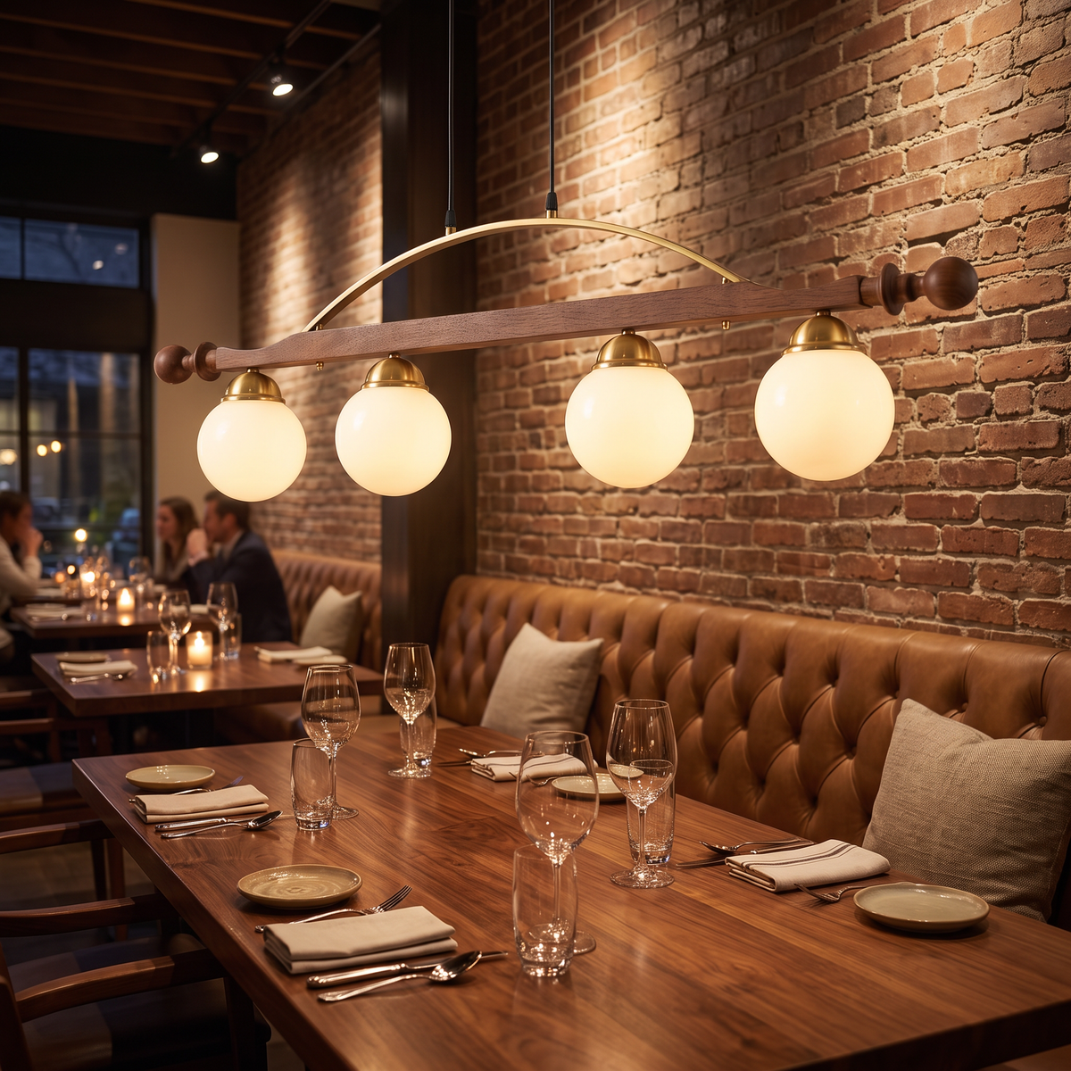 Verdane walnut and gold linear chandelier in a restaurant