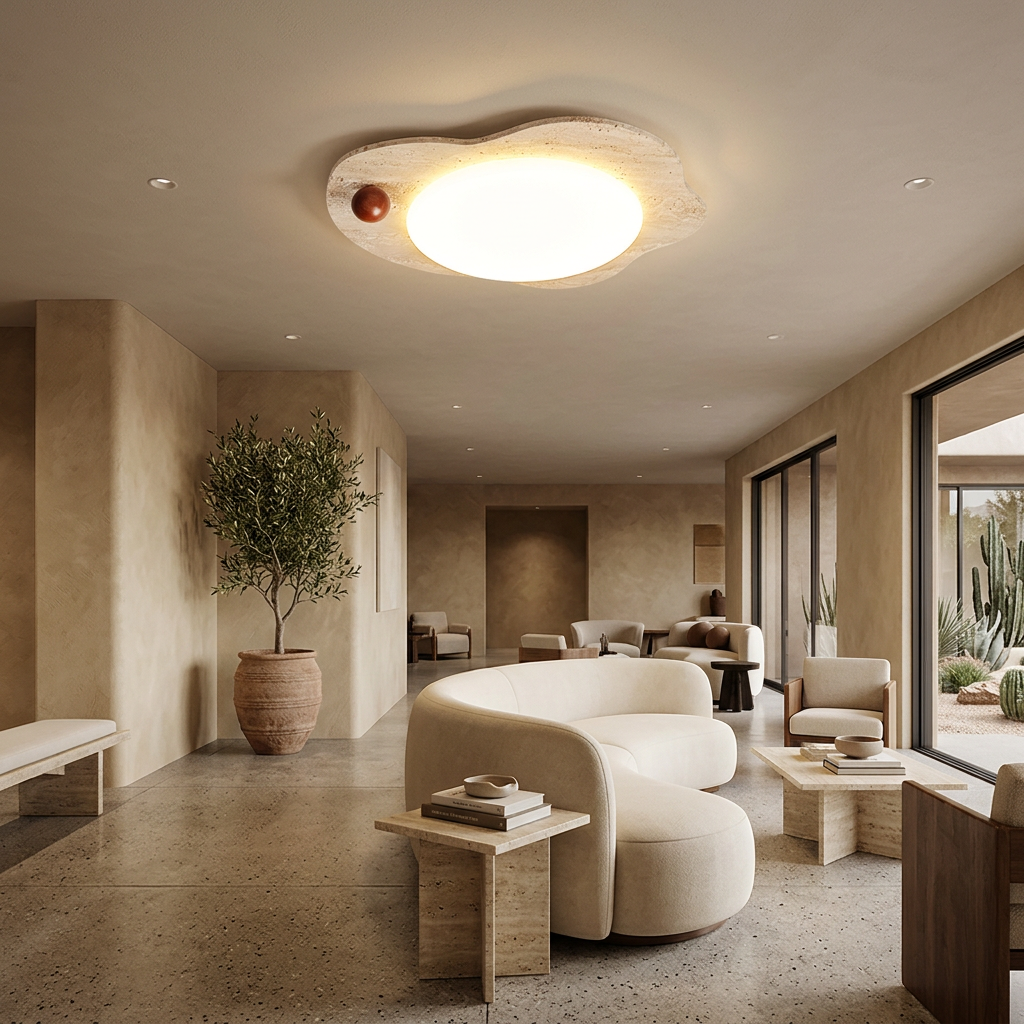 Nuvola Travertine Cloud Ceiling Light in Yellow Travertine &amp; White hotel lobby lounge