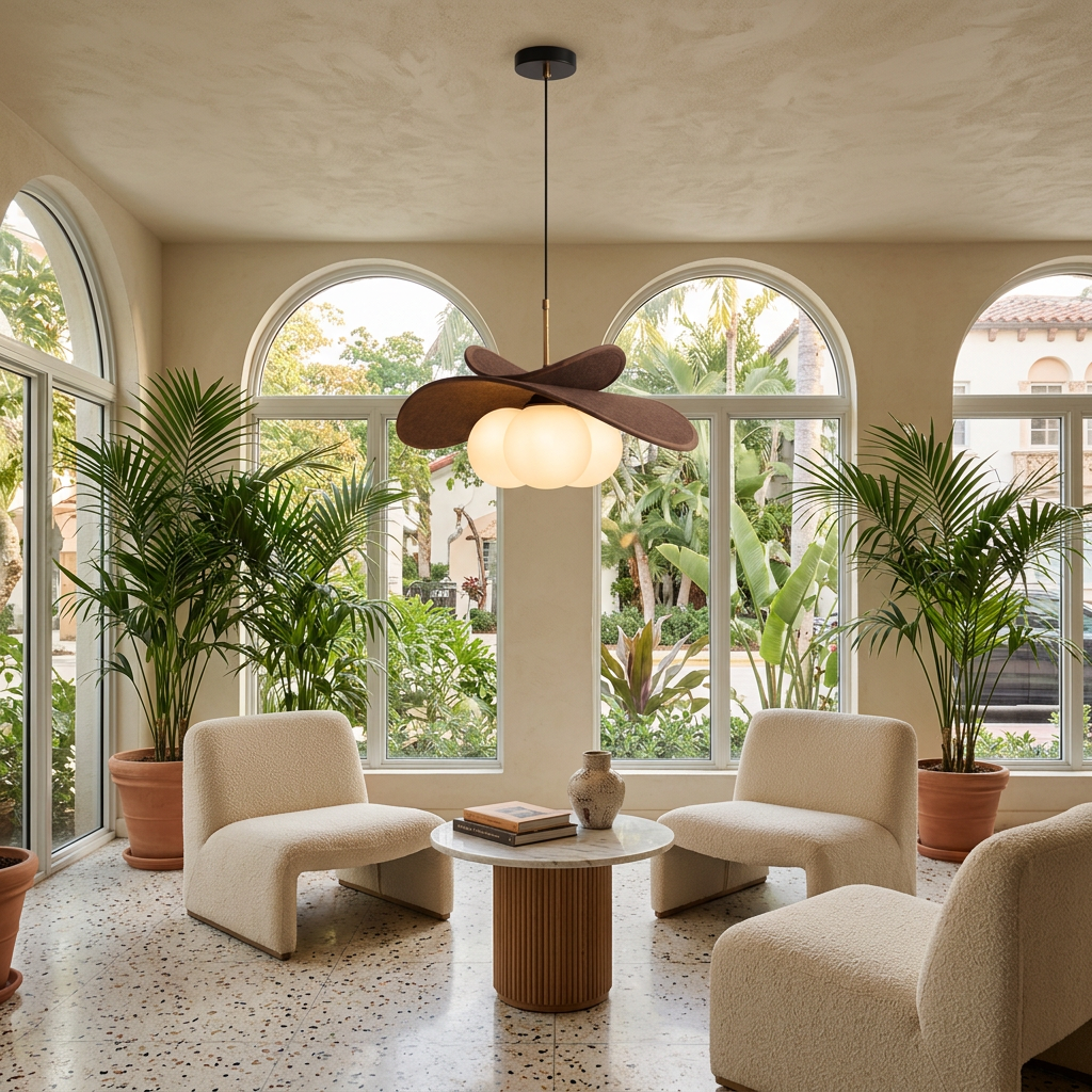 Palmera Raffia Pendant 19.7 in Brown &amp; White in a hotel lobby lounge