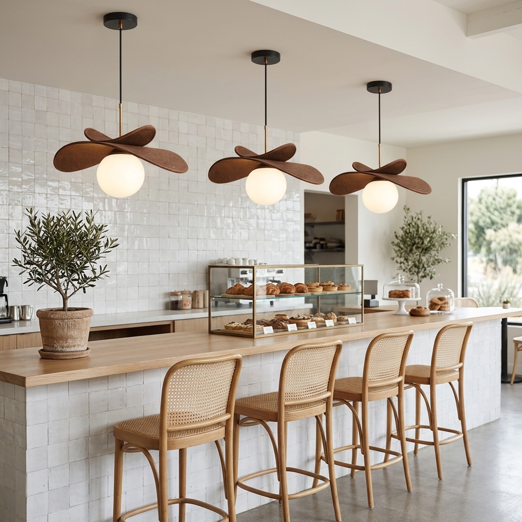 Palmera Raffia Pendant in Brown &amp; White over a cafe counter