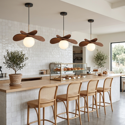 Palmera Raffia Pendant in Brown &amp; White over a cafe counter