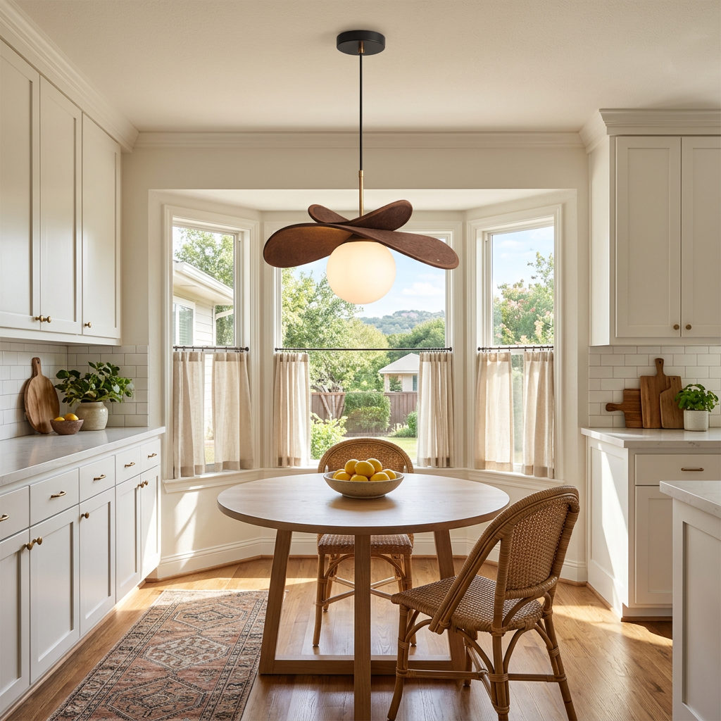 Palmera Raffia Pendant in Brown &amp; White over a kitchen breakfast nook