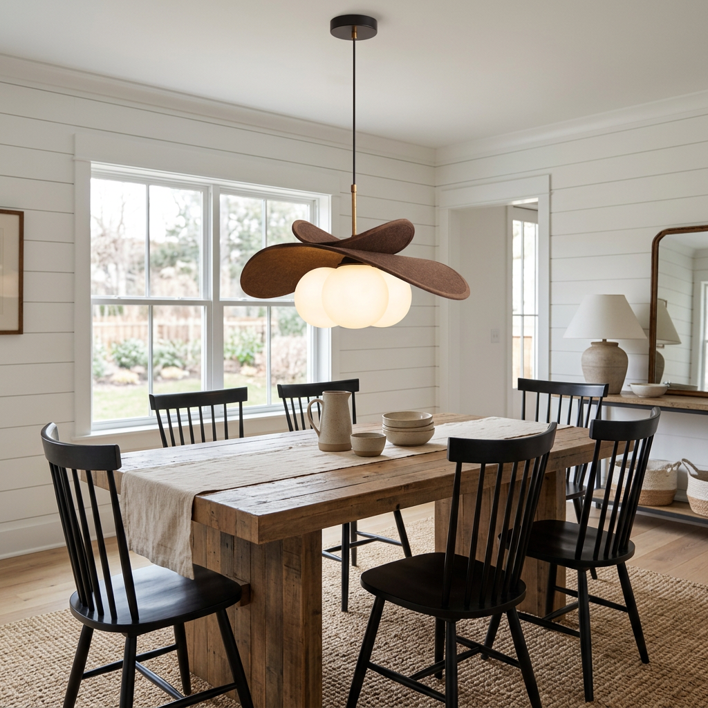 Palmera Raffia Pendant 19.7 in Brown &amp; White over a farmhouse dining table