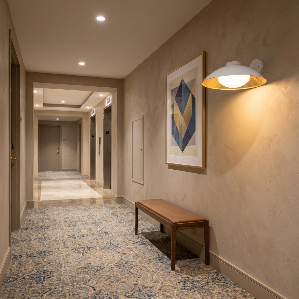 Ombrelle Dome Light in White &amp; Gold wall-mounted in a hotel corridor