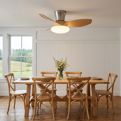Brezza Ceiling Fan in Wood Color &amp; Nickel in a farmhouse dining room