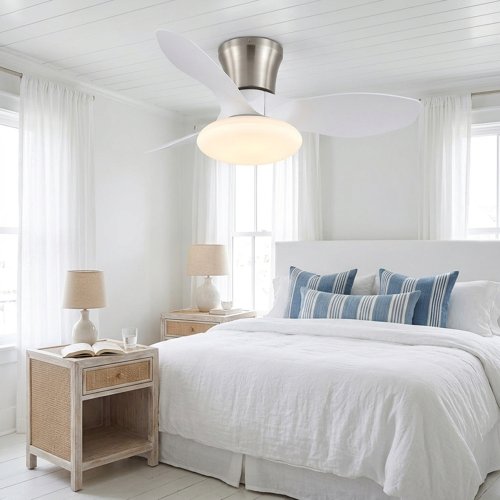 Brezza Ceiling Fan in White &amp; Nickel in a coastal bedroom