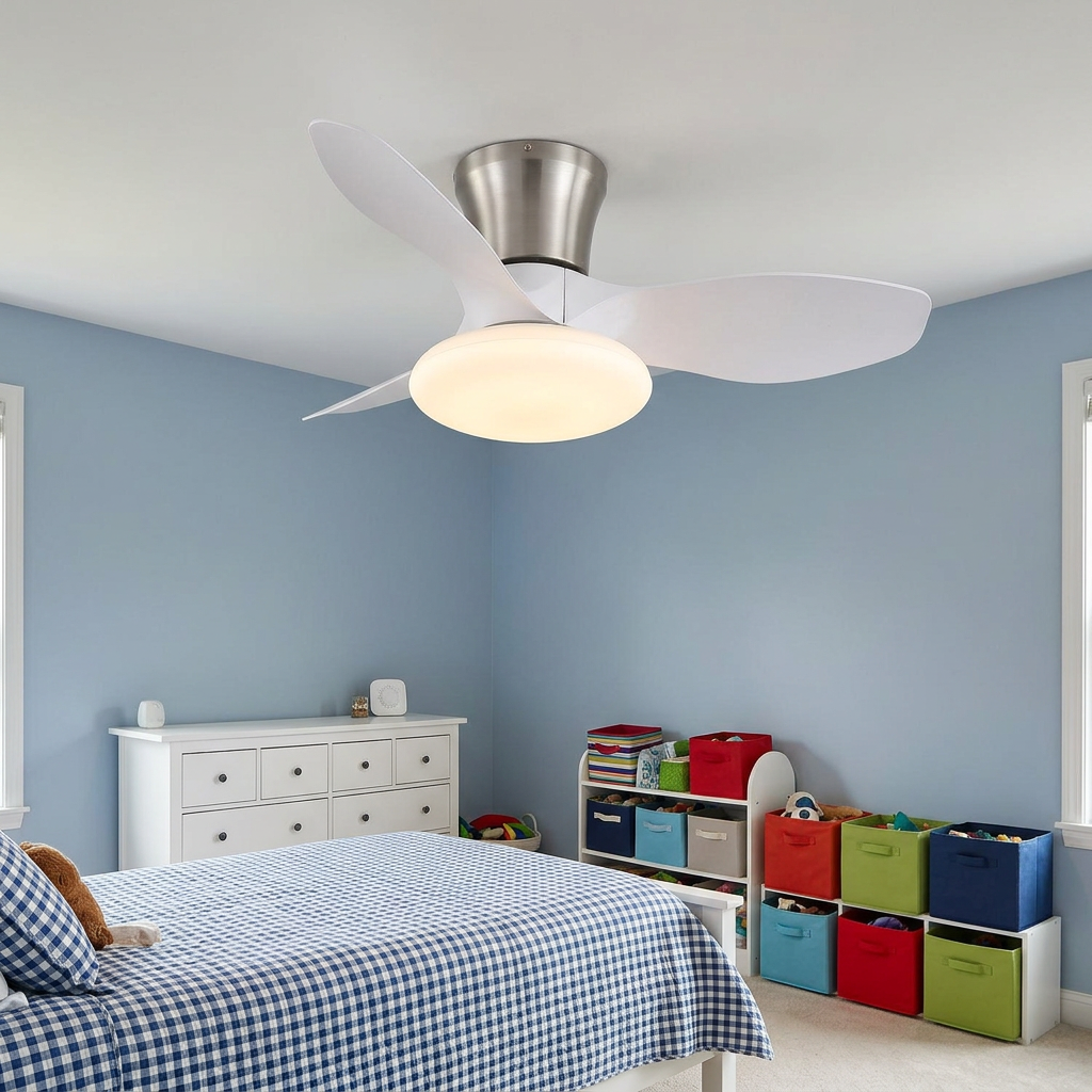 Brezza Ceiling Fan in White &amp; Nickel in a kids bedroom