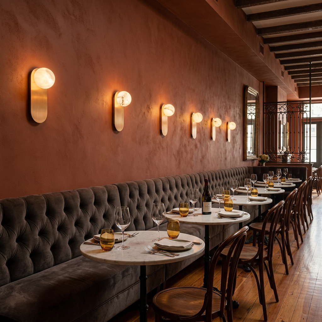 Corisande Alabaster Wall Sconce in Copper &amp; White above restaurant banquette seating