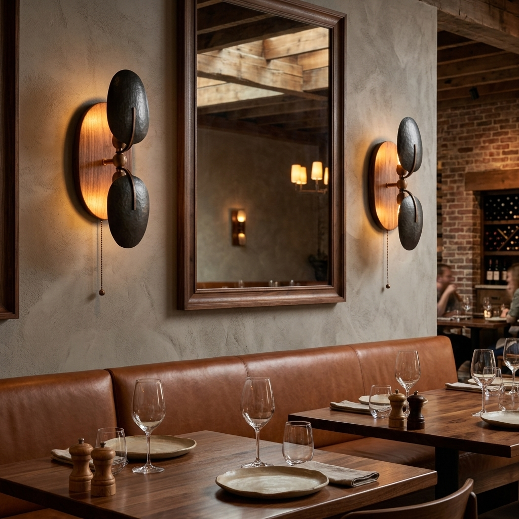 Eventail Wall Sconce in Black &amp; Walnut, restaurant dining room in Nashville