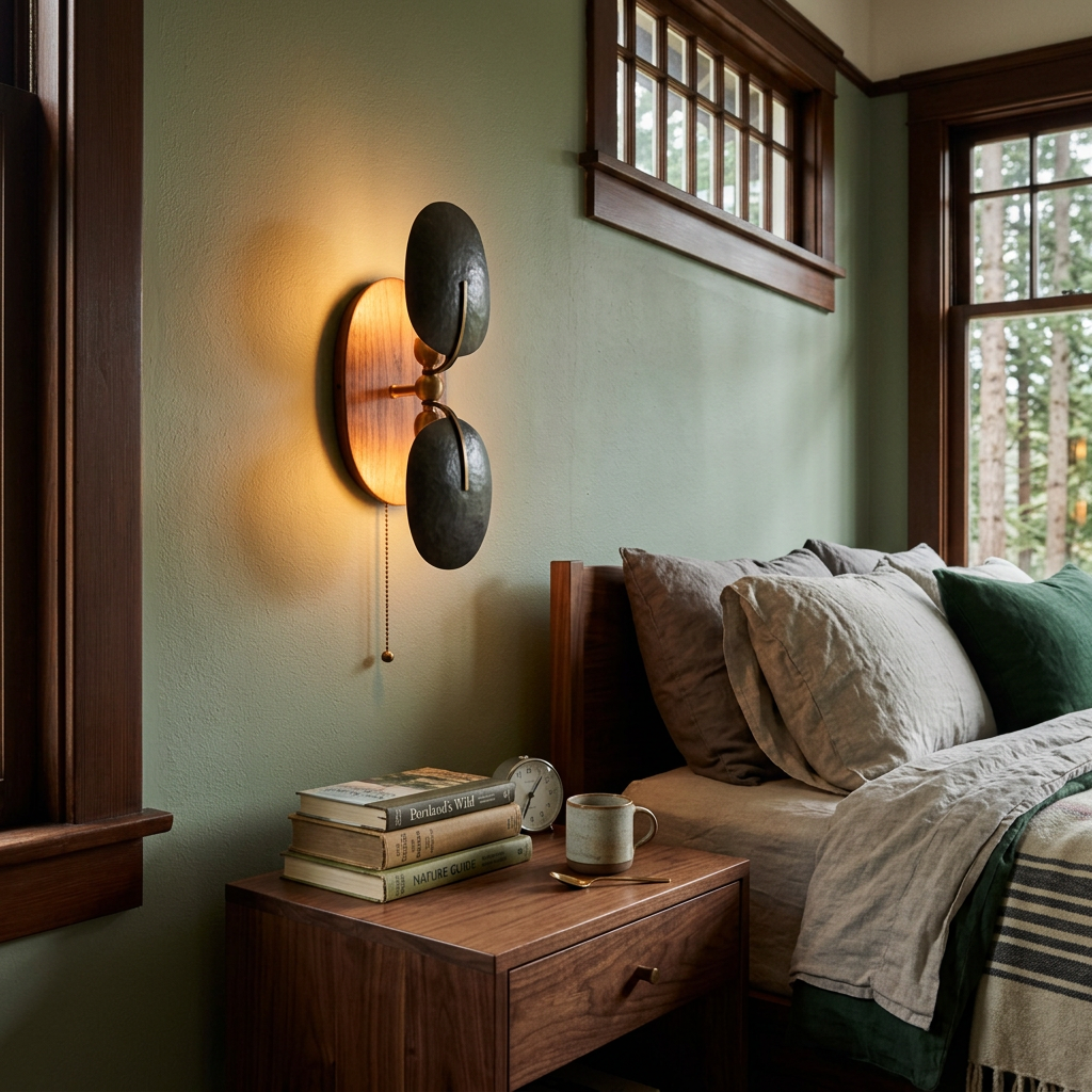 Eventail Wall Sconce in Black &amp; Walnut, bungalow bedroom in Portland
