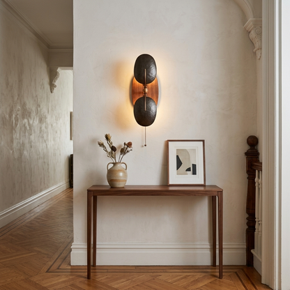 Eventail Wall Sconce in Black &amp; Walnut, brownstone hallway in Brooklyn
