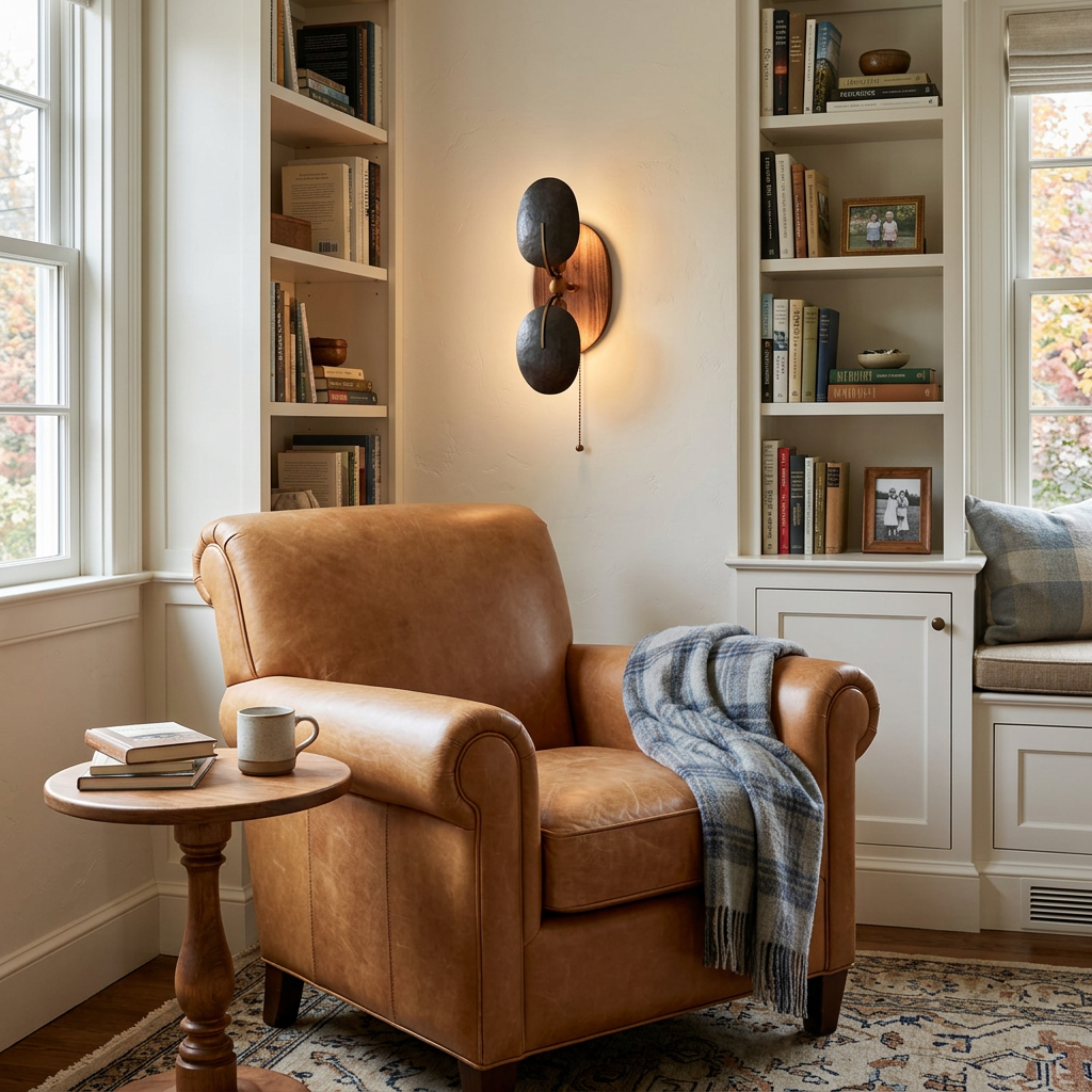 Eventail Wall Sconce in Black &amp; Walnut, reading nook in Boston