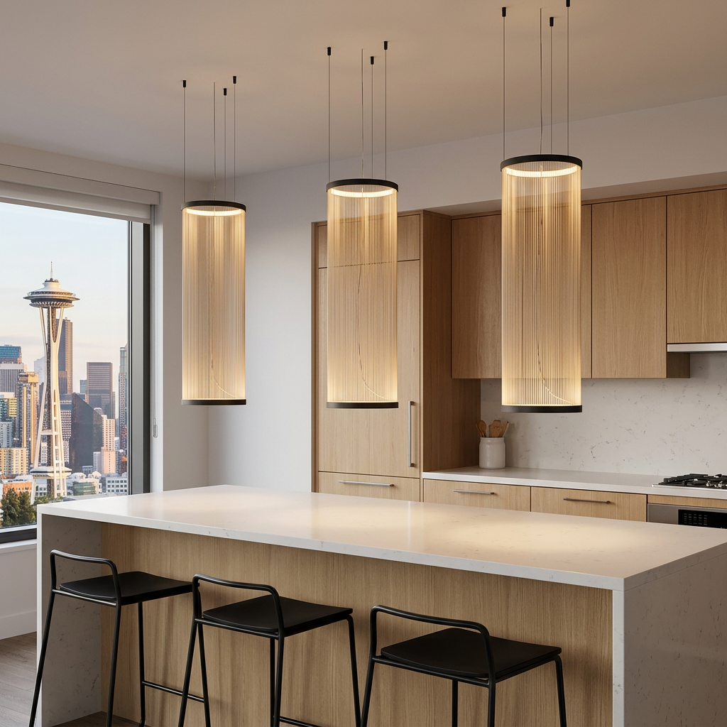 Filigrane Mesh Pendant in Model C slim cylinder, apartment kitchen in Seattle
