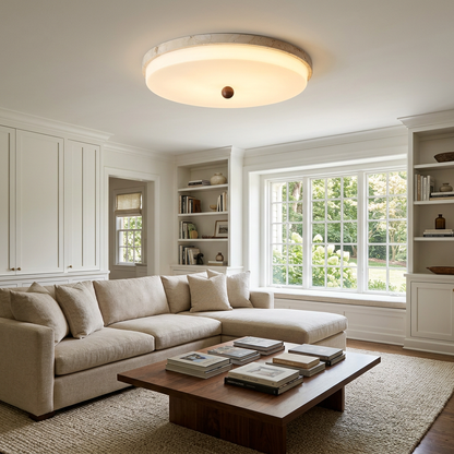 Saverio Travertine Ring Flush Mount in Yellow Travertine &amp; White family room