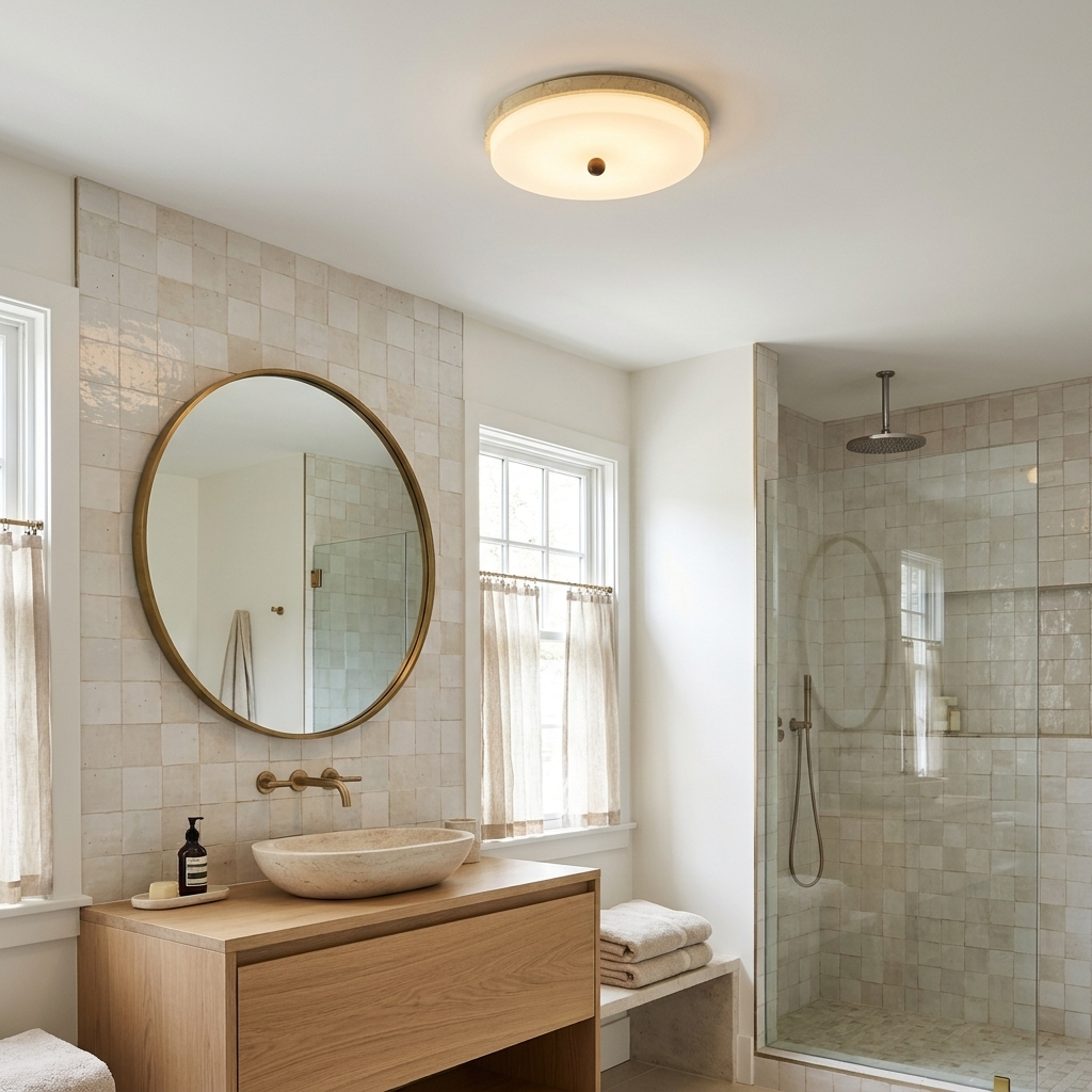 Saverio Travertine Ring Flush Mount in Yellow Travertine &amp; White primary bathroom