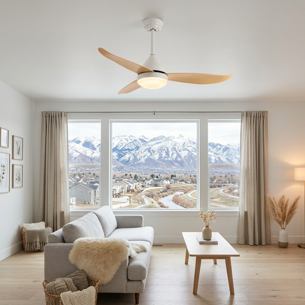 Alize Ceiling Fan Light in Wood color in a Salt Lake City family room